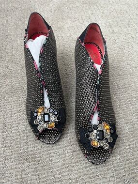 Poetic License Black Woven Peep-Toe Mules with Jewel Brooch